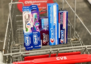 oral-b toothbrushes and crest toothpaste in cvs shopping cart
