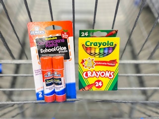 Elmers school glue sticks and crayola crayons in walmart shopping cart
