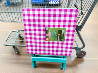 Ozark Trail folding table next to Walmart shopping cart