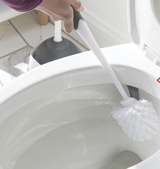 a person using a brush to clean the toilet