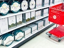 target cart parked in front of christmas lights sitting on shelves