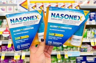 holding nasonex allergy spray in walgreens aisle