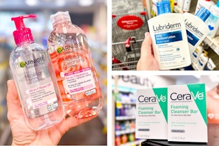 collage image of garnier micellar water, lubriderm lotion, and cerave cleansing bars