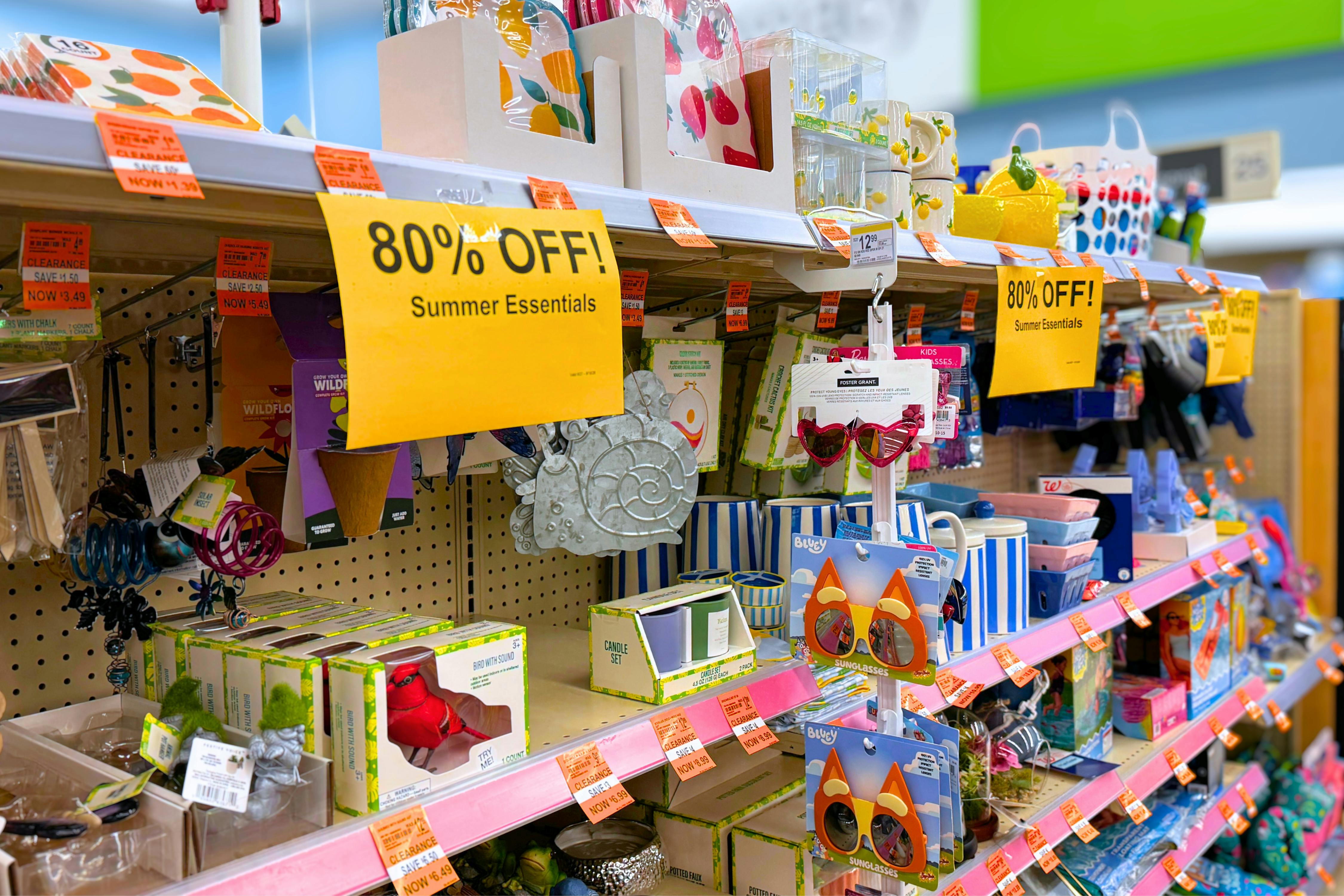 Walgreens summer clearance items with 80% off sign