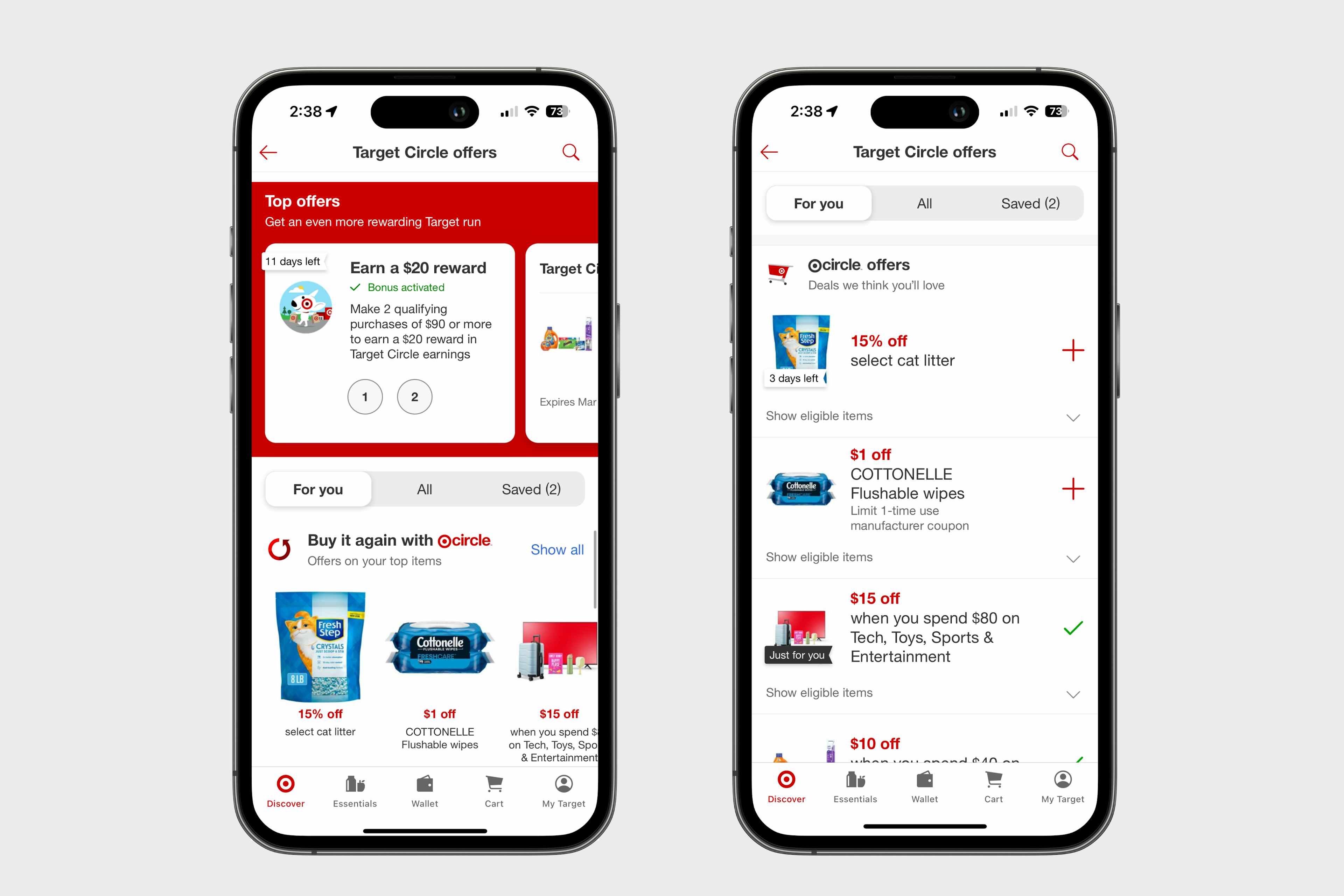 Two phones showing coupons and Circle offers on the Target app