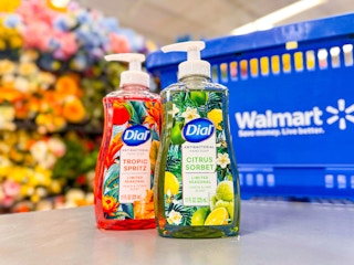 2 Walmart Dial handsoaps in the floral section next to Walmart shopping basket