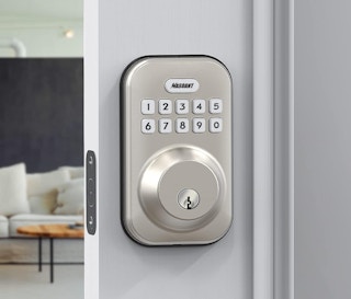 a silver keypad door lock