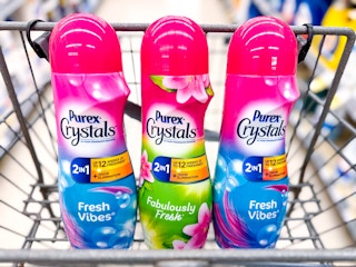 three bottles of purex crystals in walgreens shopping cart in store