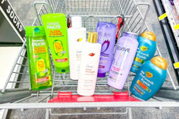 garnier, dove, loreal, and ogx shampoo in a cart