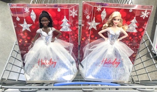 walmart holiday barbie brunette and blonde in cart