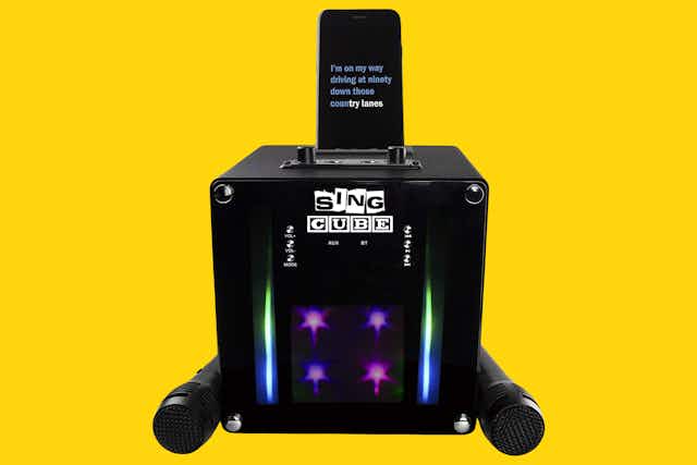 Rechargeable Bluetooth Karaoke Machine With LED Lights, $20 on Amazon card image