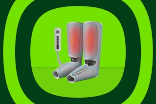 Two grey air compression leg massagers that fasten with hook and loop closure and have a controller attached by a cord