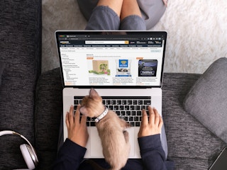 A person looking at pet deals on Amazon using a laptop while a kitten is trying to step on the keyboard