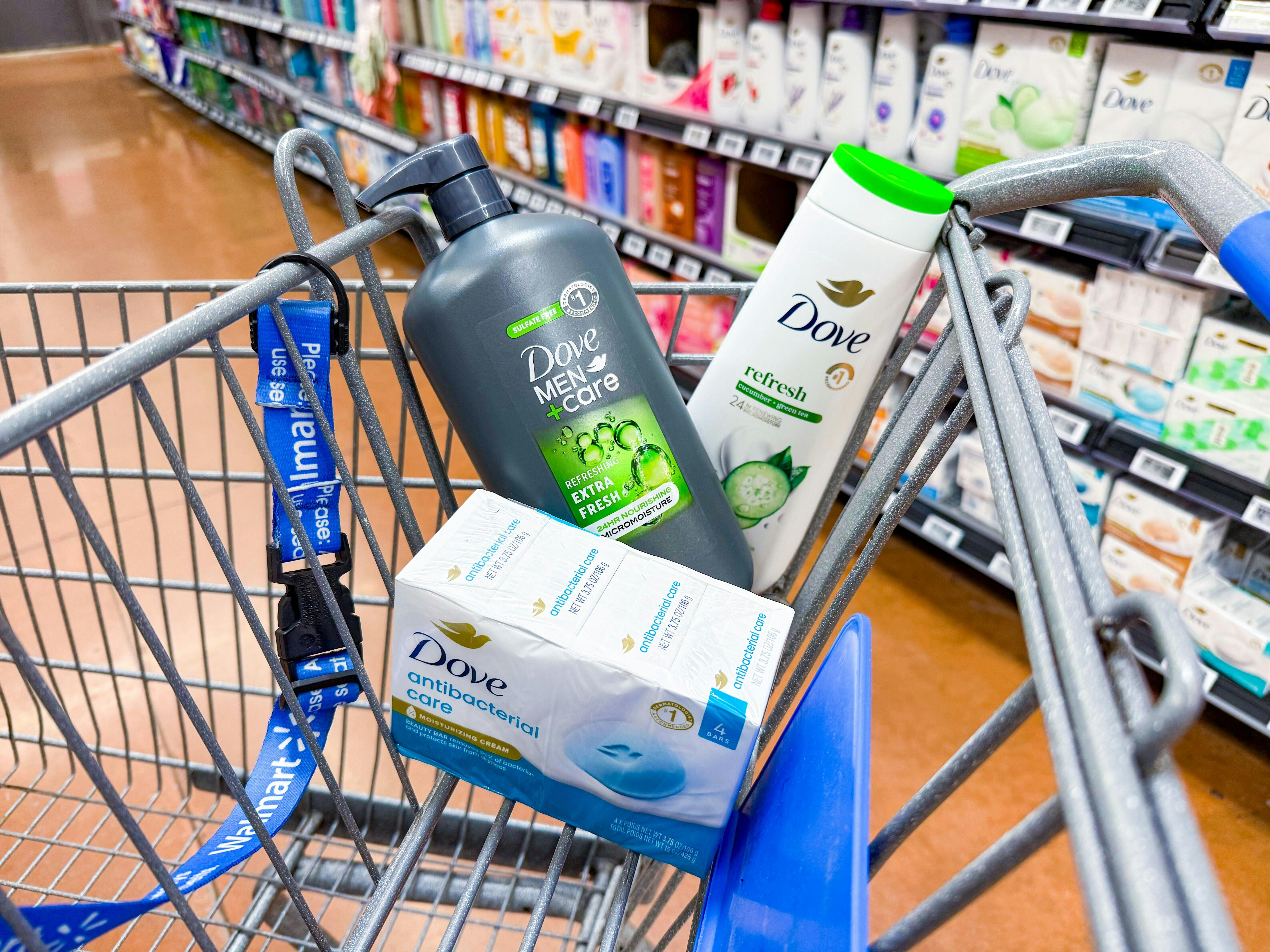 3 Dove products in Walmart shopping cart in store