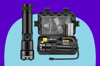  Esgofo Flashlights High Lumens 10000 Rechargeable on a blue background.