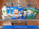 Blue Bunny, Cascade, Nutpods, and M&M's products in Walmart shopping cart
