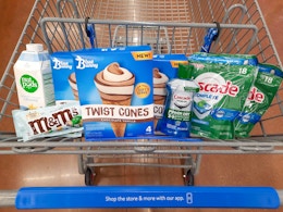 Blue Bunny, Cascade, Nutpods, and M&M's products in Walmart shopping cart