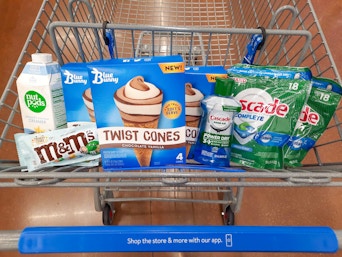 Blue Bunny, Cascade, Nutpods, and M&M's products in Walmart shopping cart