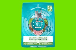  Purina One Cat Food Bags on green background