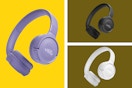 Various colored JBL Tune 520BT - Wireless On-Ear Headphones on a yellow background.