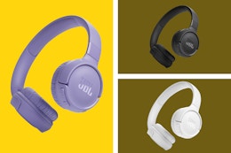 Various colored JBL Tune 520BT - Wireless On-Ear Headphones on a yellow background.
