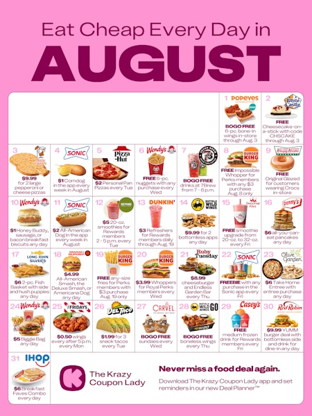 Calendar of food deals in August 2025