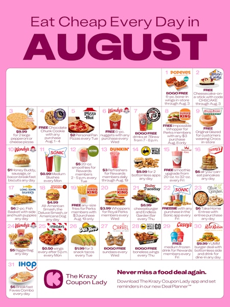 Calendar of food deals in August 2025