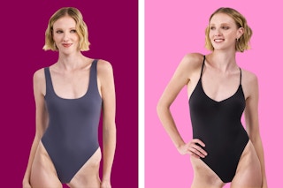 2 styles/colors of the No Boundaries Women's Sculpting One Piece Swimsuit in grey & black