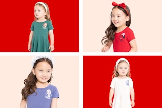 Four styles of the Character Graphic Print Toddler Skater Dresses at Walmart