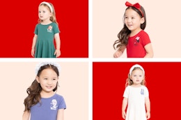 Four styles of the Character Graphic Print Toddler Skater Dresses at Walmart