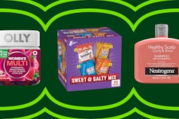 Amazon promotion collage: Olly vitamins, Snack Box, and Neutrogena Shampoo