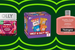 Amazon promotion collage: Olly vitamins, Snack Box, and Neutrogena Shampoo