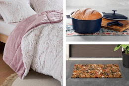 bedding set, cookware and doormat