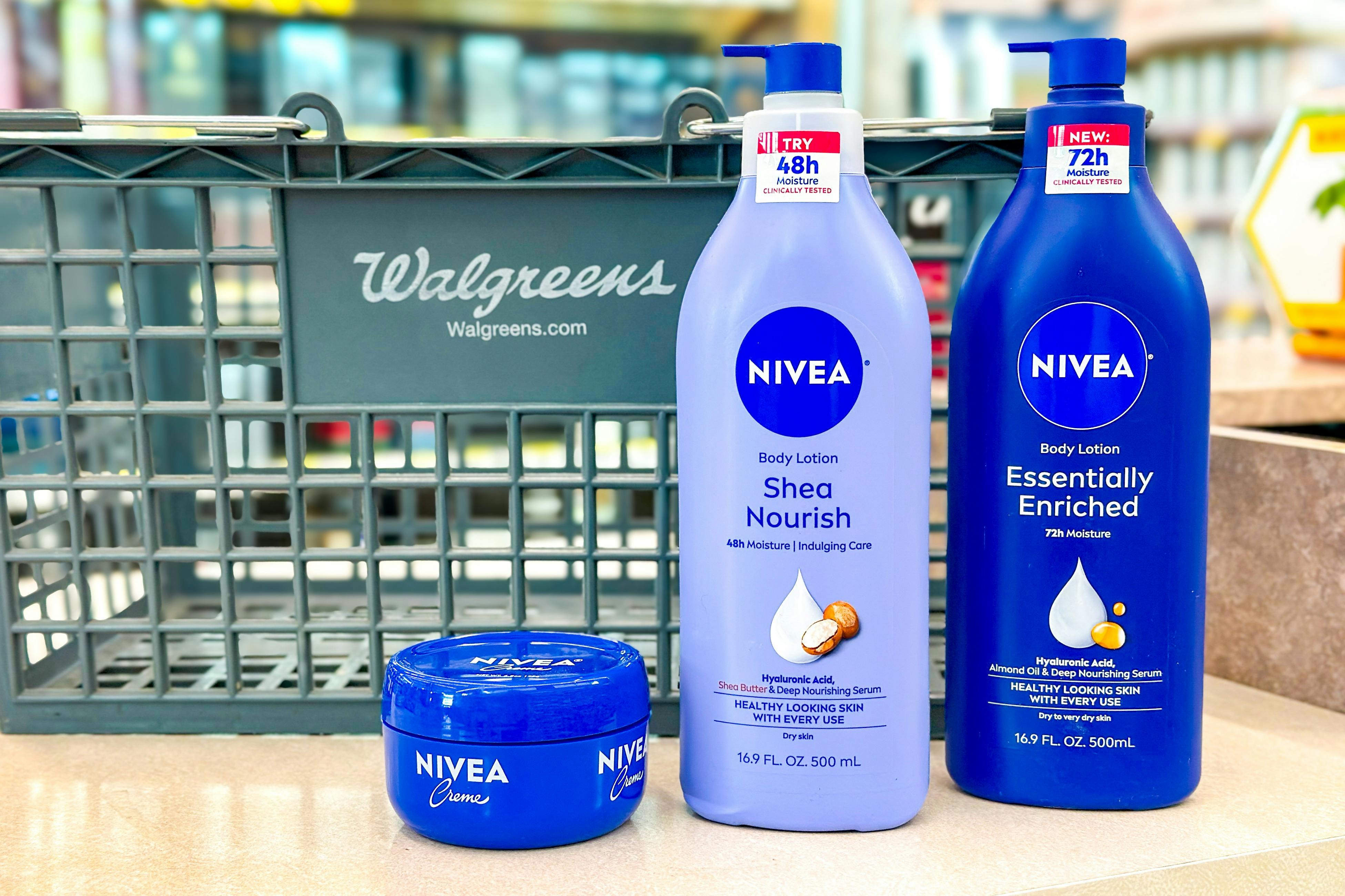 walgreens basket next to nivea lotions and creme 