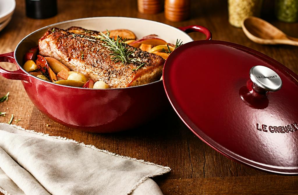 Lifestyle image of a red Le Creuset 5.25-qt Traditional Cast Iron Chef's Oven with food cooked inside 