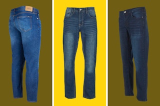 variety of Izod Men's Stretch Slim Jeans arranged on a yellow background
