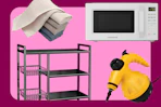 waffle towels, farberware microwave, steamer, and storage shelf