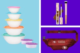 Tupperware bowl set, Tarte concealer set, and 49ers belt bag. 