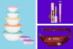 Tupperware bowl set, Tarte concealer set, and 49ers belt bag.