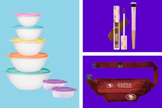 Tupperware bowl set, Tarte concealer set, and 49ers belt bag.