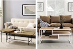 2 lifestyle photos of Walker Edison coffee tables in home settings