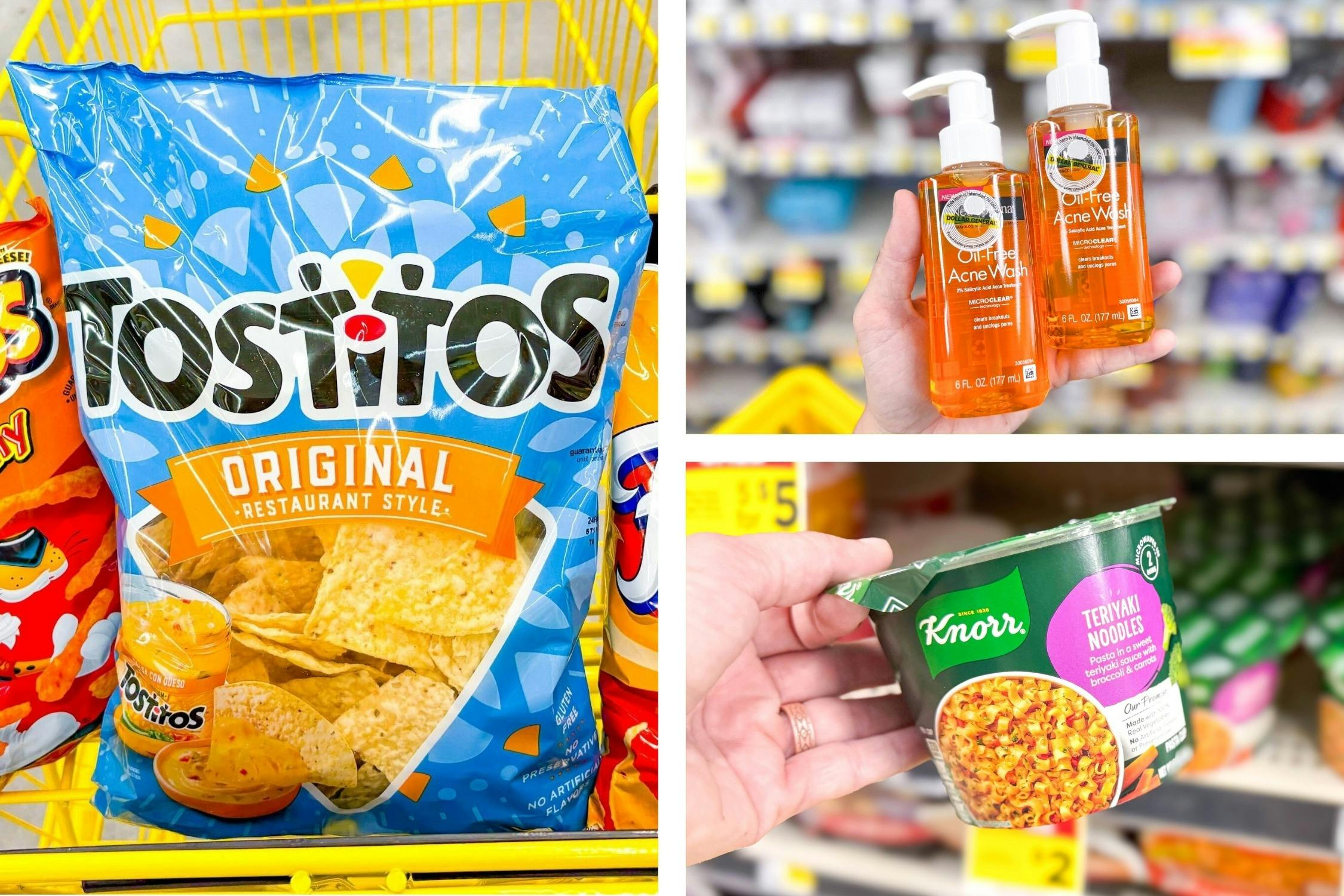 dollar general tostitos, neutrogena, knorr 3-photo collage