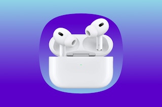 Apple AirPods Pro (in white) over color fade (single product) background in blue
