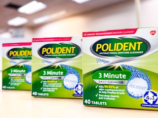 three Polident denture cleanser boxes