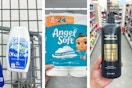 collage image of crest toothpaste, angel soft toilet paper, and tresemme shampoo