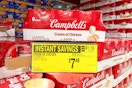 campbells soup on store shelf with price tag