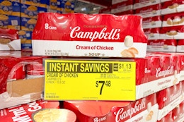 campbells soup on store shelf with price tag