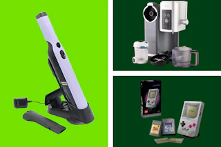 an ice cream machine, hand vacuum, and Lego set in a collage