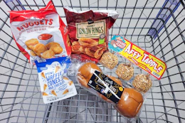 chicken nuggets, onion rings, caramel apples, waffle cones, and brioche hamburger buns in a cart
