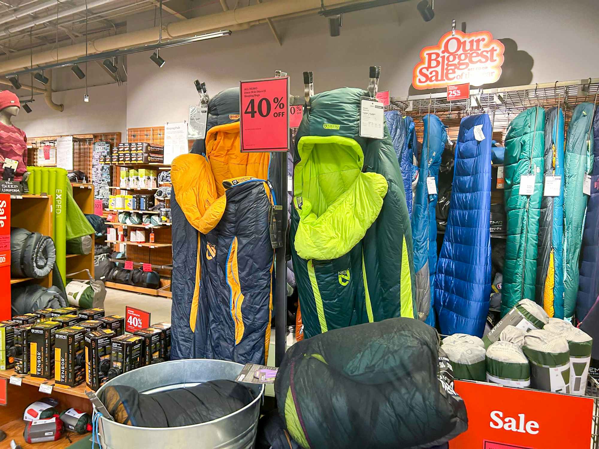 Camping equipment and sleeping bags on sale at REI